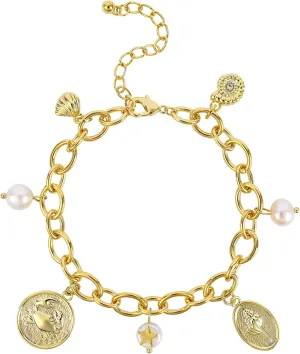 NEKOL Gold Ocean Charm Link Bracelet for Women 14K Gold Plated Chain Bracelet with Dangle Pearl Seashell Conch Crab Pendant Bracelet Adjustable Party Trendy Summer Beach Jewelry Gift for Women