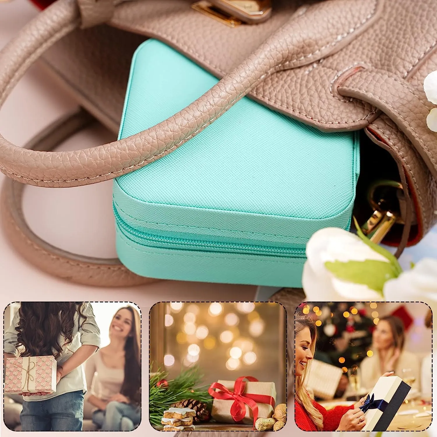Neveika Portable Travel Mini Jewelry Box Leather Jewellery Ring Organizer Case Storage Gift Box Girls Women (4 colorx1).