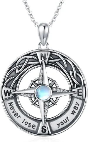 Never Lose Your Way Compass Necklace for Women, 925 Sterling Silver Moonstone Celtic Knot Nautical Compass Pendant Necklace Graduation Gifts for Her