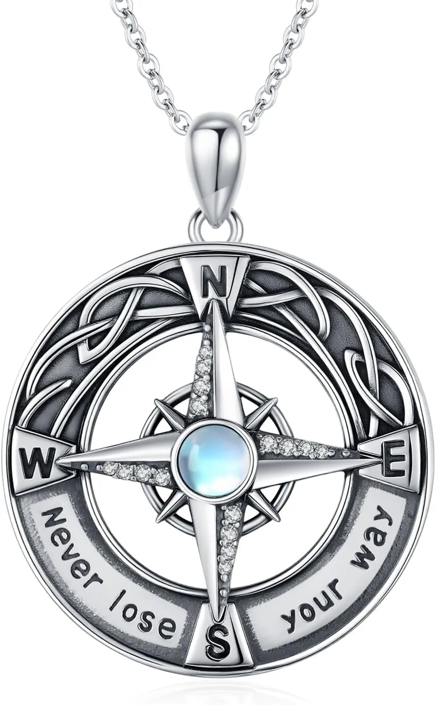 Never Lose Your Way Compass Necklace for Women, 925 Sterling Silver Moonstone Celtic Knot Nautical Compass Pendant Necklace Graduation Gifts for Her