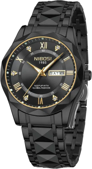 NIBOSI Men's Analog Quartz Watch with Day-Date, Diamond Markers, Stainless Steel, Water Resistant, Luminous, Classic Business Black Dial Two-Tone Gold Silver Strap
