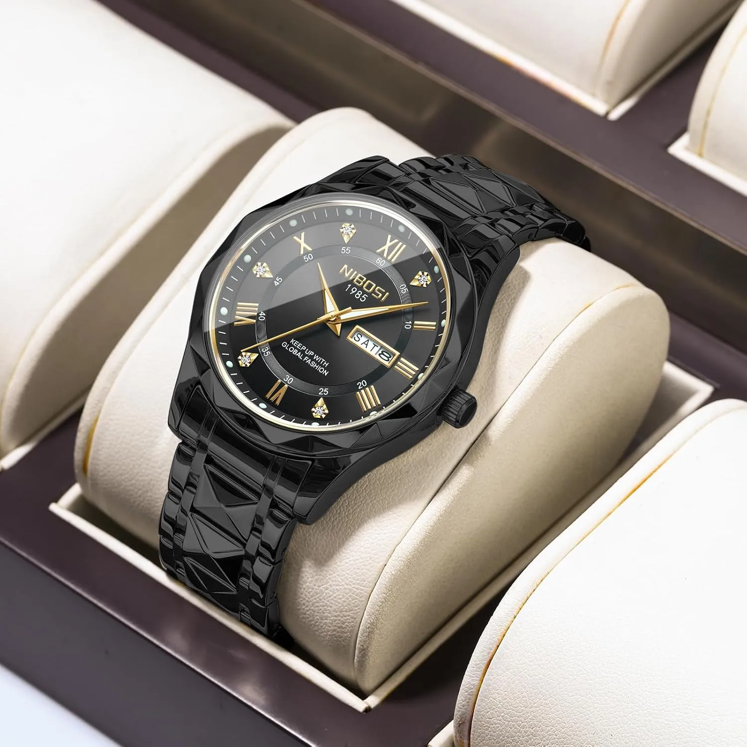 NIBOSI Men's Analog Quartz Watch with Day-Date, Diamond Markers, Stainless Steel, Water Resistant, Luminous, Classic Business Black Dial Two-Tone Gold Silver Strap