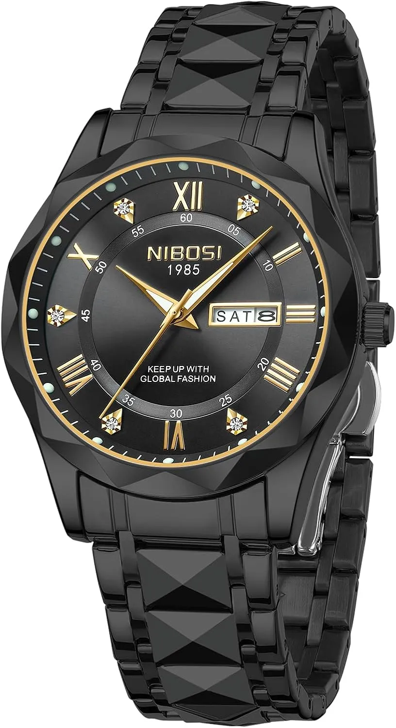 NIBOSI Men's Analog Quartz Watch with Day-Date, Diamond Markers, Stainless Steel, Water Resistant, Luminous, Classic Business Black Dial Two-Tone Gold Silver Strap