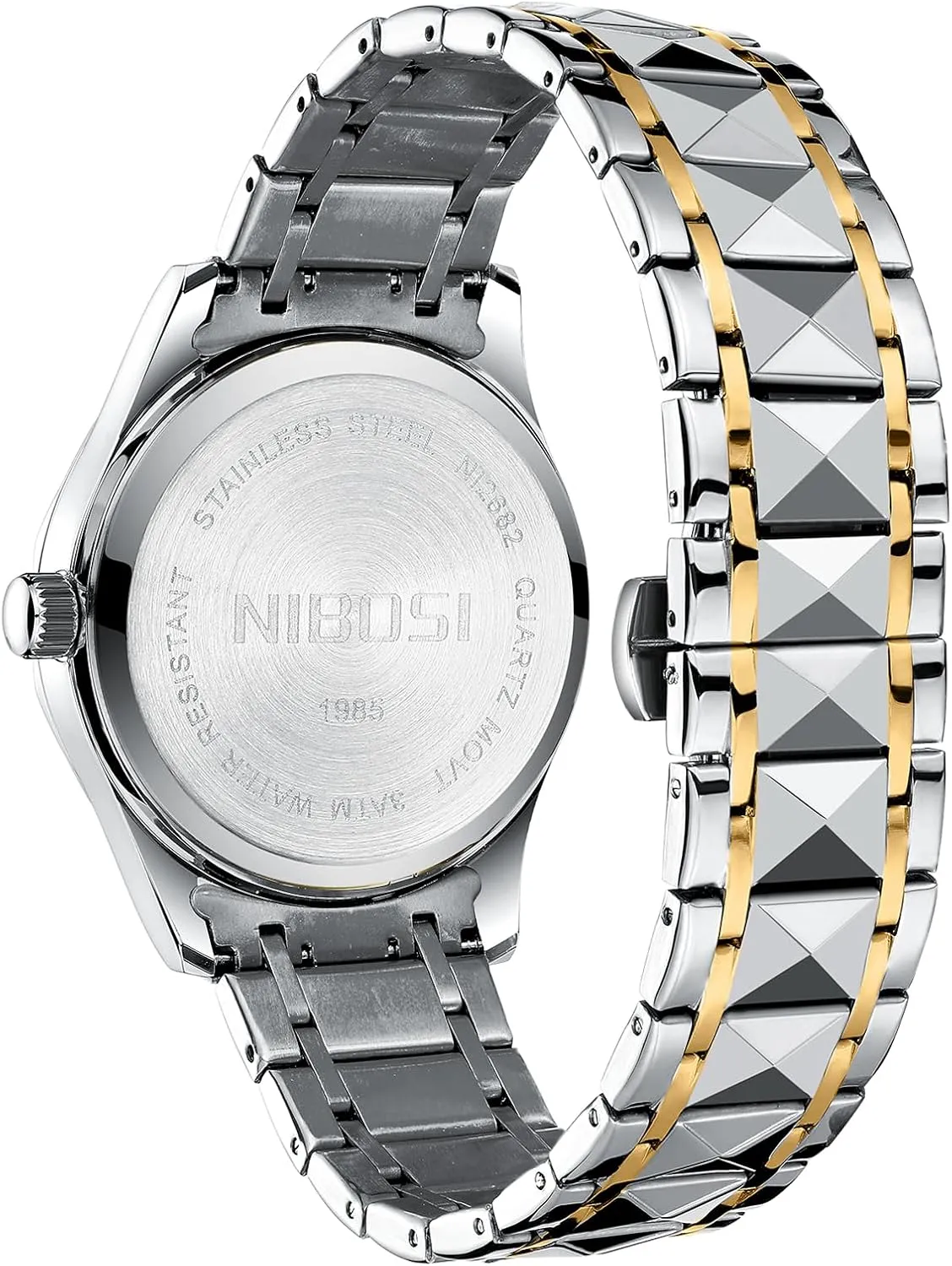 NIBOSI Men's Analog Quartz Watch with Day-Date, Diamond Markers, Stainless Steel, Water Resistant, Luminous, Classic Business Black Dial Two-Tone Gold Silver Strap