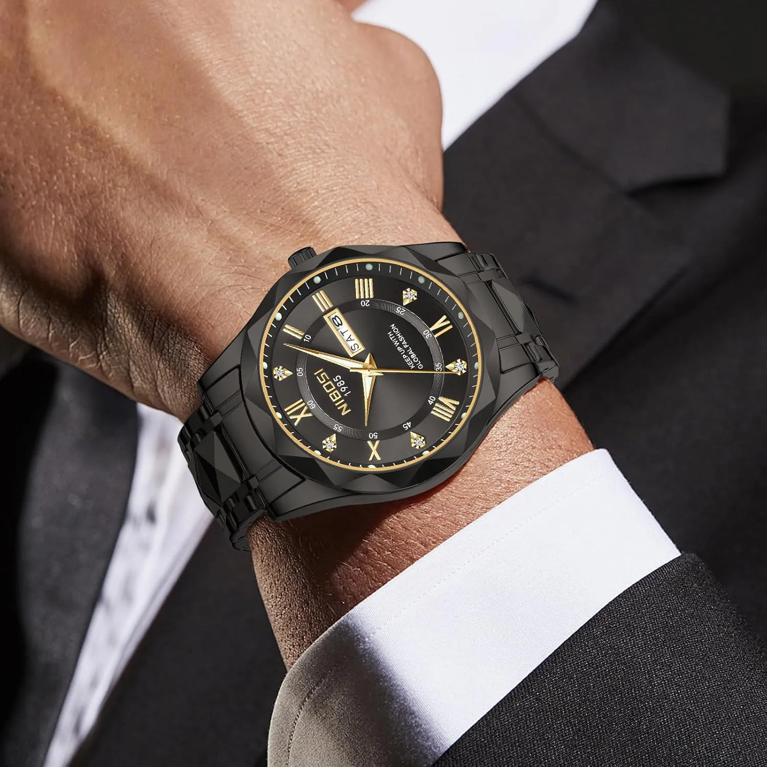 NIBOSI Men's Analog Quartz Watch with Day-Date, Diamond Markers, Stainless Steel, Water Resistant, Luminous, Classic Business Black Dial Two-Tone Gold Silver Strap