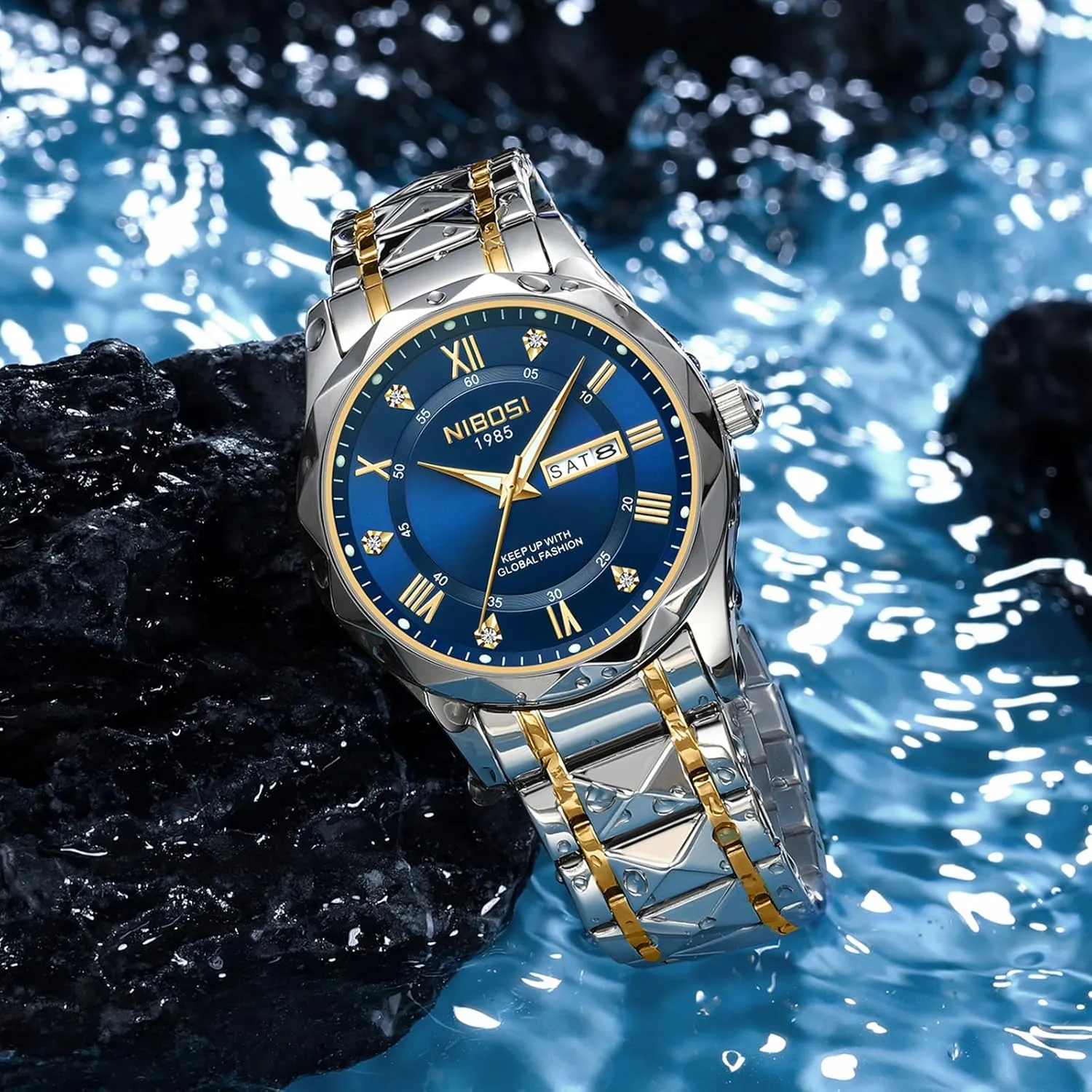 NIBOSI Men's Analog Quartz Watch with Day-Date, Diamond Markers, Stainless Steel, Water Resistant, Luminous, Classic Business Black Dial Two-Tone Gold Silver Strap