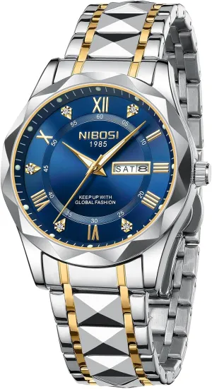 NIBOSI Men's Analog Quartz Watch with Day-Date, Diamond Markers, Stainless Steel, Water Resistant, Luminous, Classic Business Black Dial Two-Tone Gold Silver Strap