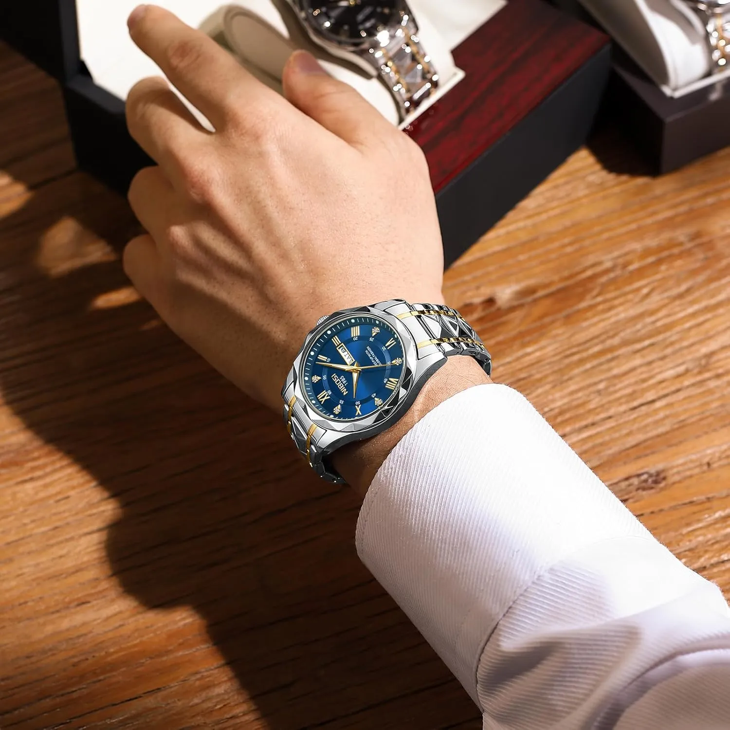 NIBOSI Men's Analog Quartz Watch with Day-Date, Diamond Markers, Stainless Steel, Water Resistant, Luminous, Classic Business Black Dial Two-Tone Gold Silver Strap