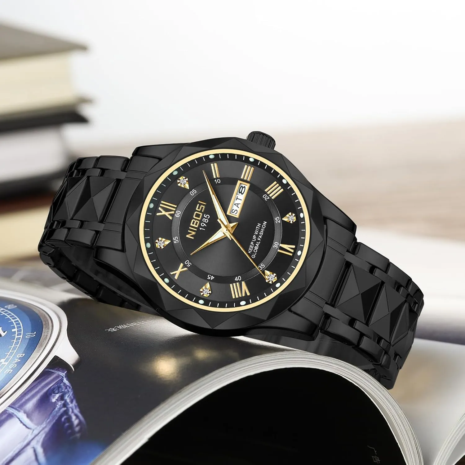 NIBOSI Men's Analog Quartz Watch with Day-Date, Diamond Markers, Stainless Steel, Water Resistant, Luminous, Classic Business Black Dial Two-Tone Gold Silver Strap