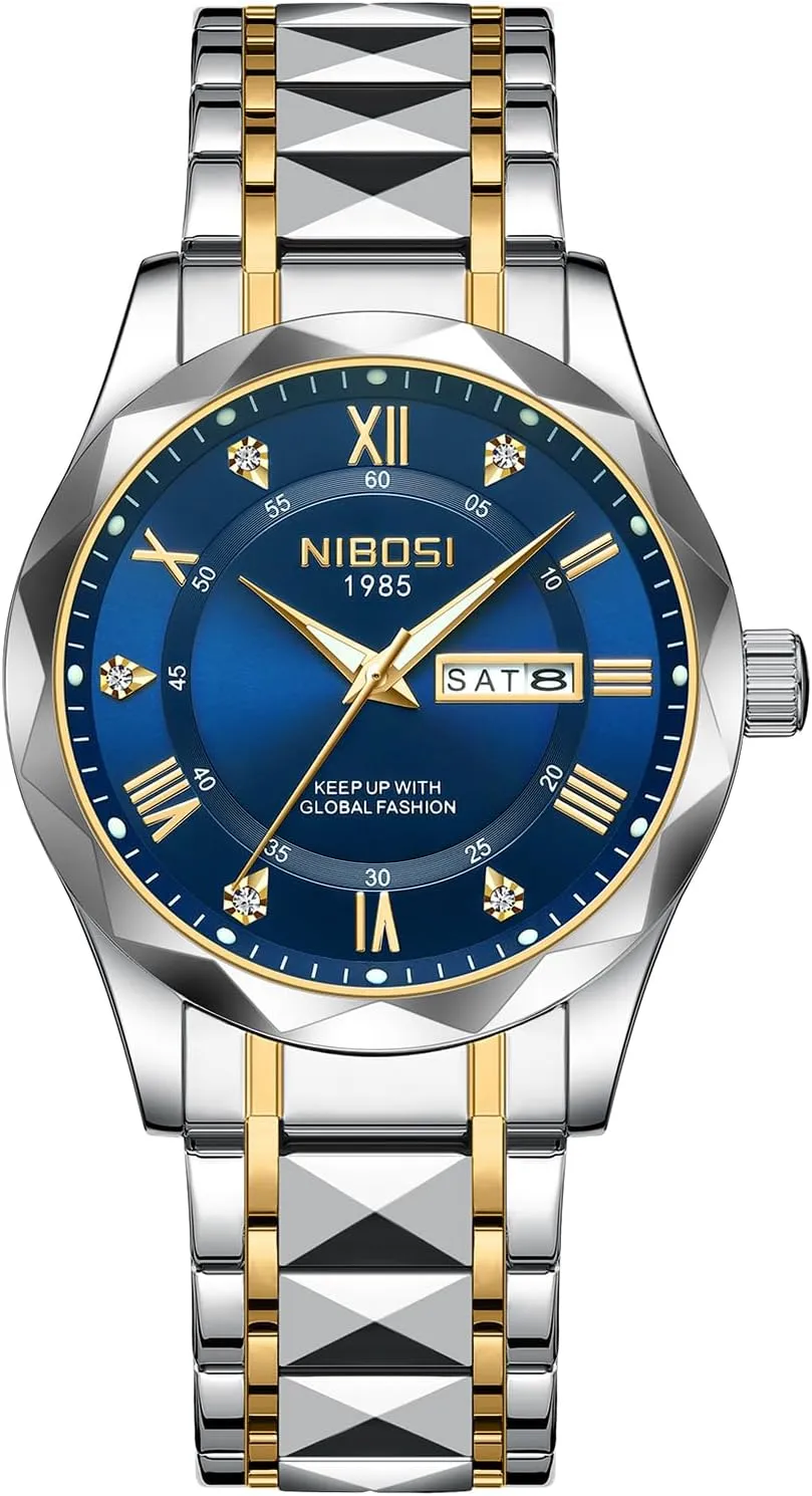 NIBOSI Men's Analog Quartz Watch with Day-Date, Diamond Markers, Stainless Steel, Water Resistant, Luminous, Classic Business Black Dial Two-Tone Gold Silver Strap