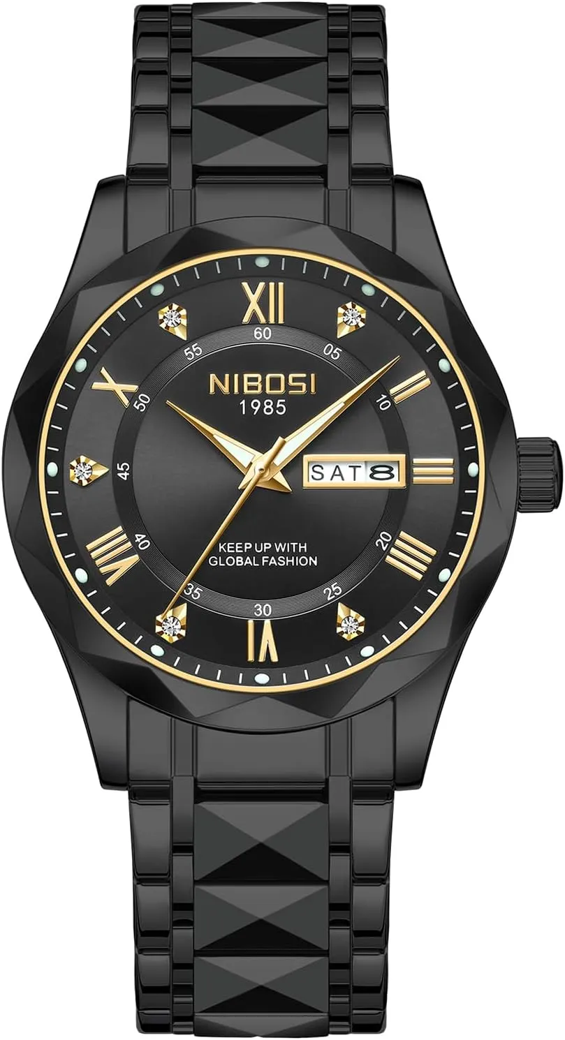 NIBOSI Men's Analog Quartz Watch with Day-Date, Diamond Markers, Stainless Steel, Water Resistant, Luminous, Classic Business Black Dial Two-Tone Gold Silver Strap