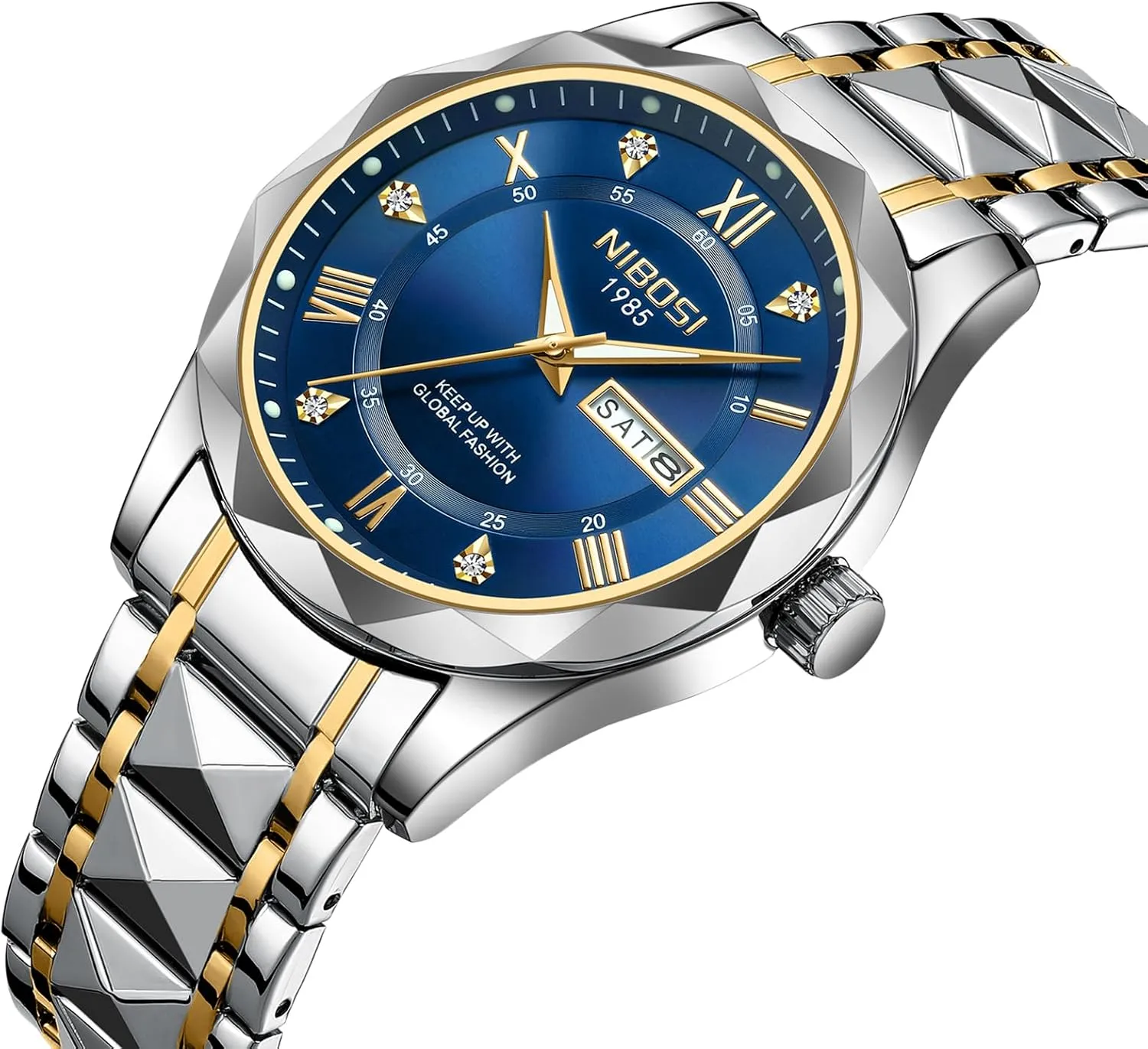 NIBOSI Men's Analog Quartz Watch with Day-Date, Diamond Markers, Stainless Steel, Water Resistant, Luminous, Classic Business Black Dial Two-Tone Gold Silver Strap