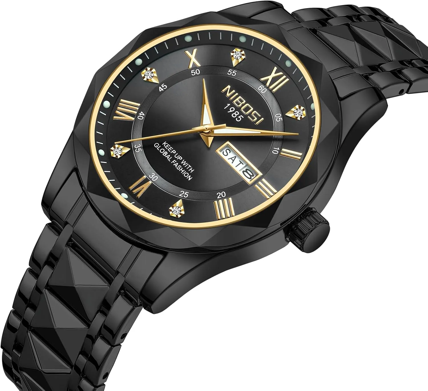 NIBOSI Men's Analog Quartz Watch with Day-Date, Diamond Markers, Stainless Steel, Water Resistant, Luminous, Classic Business Black Dial Two-Tone Gold Silver Strap