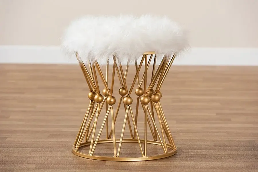 Nolan White Faux Fur Upholstered Gold Finished Metal Ottoman