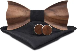 Novelty Wood Bow Tie Handmade Groom Groomsman Pre-tie Bowtie Pocket Square and Men's Cufflinks Set with Gift Box
