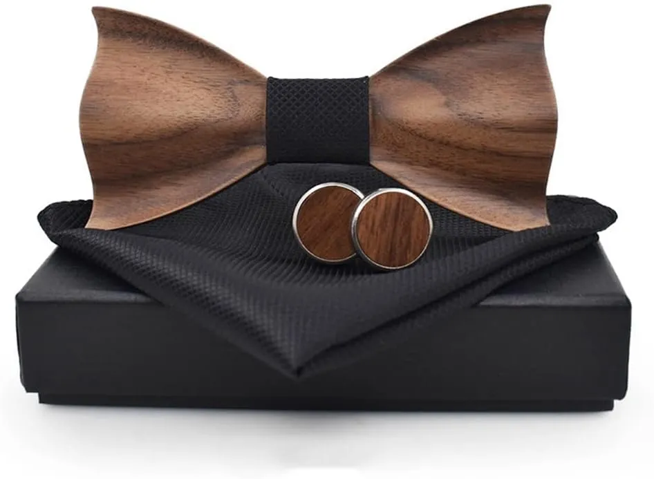 Novelty Wood Bow Tie Handmade Groom Groomsman Pre-tie Bowtie Pocket Square and Men's Cufflinks Set with Gift Box