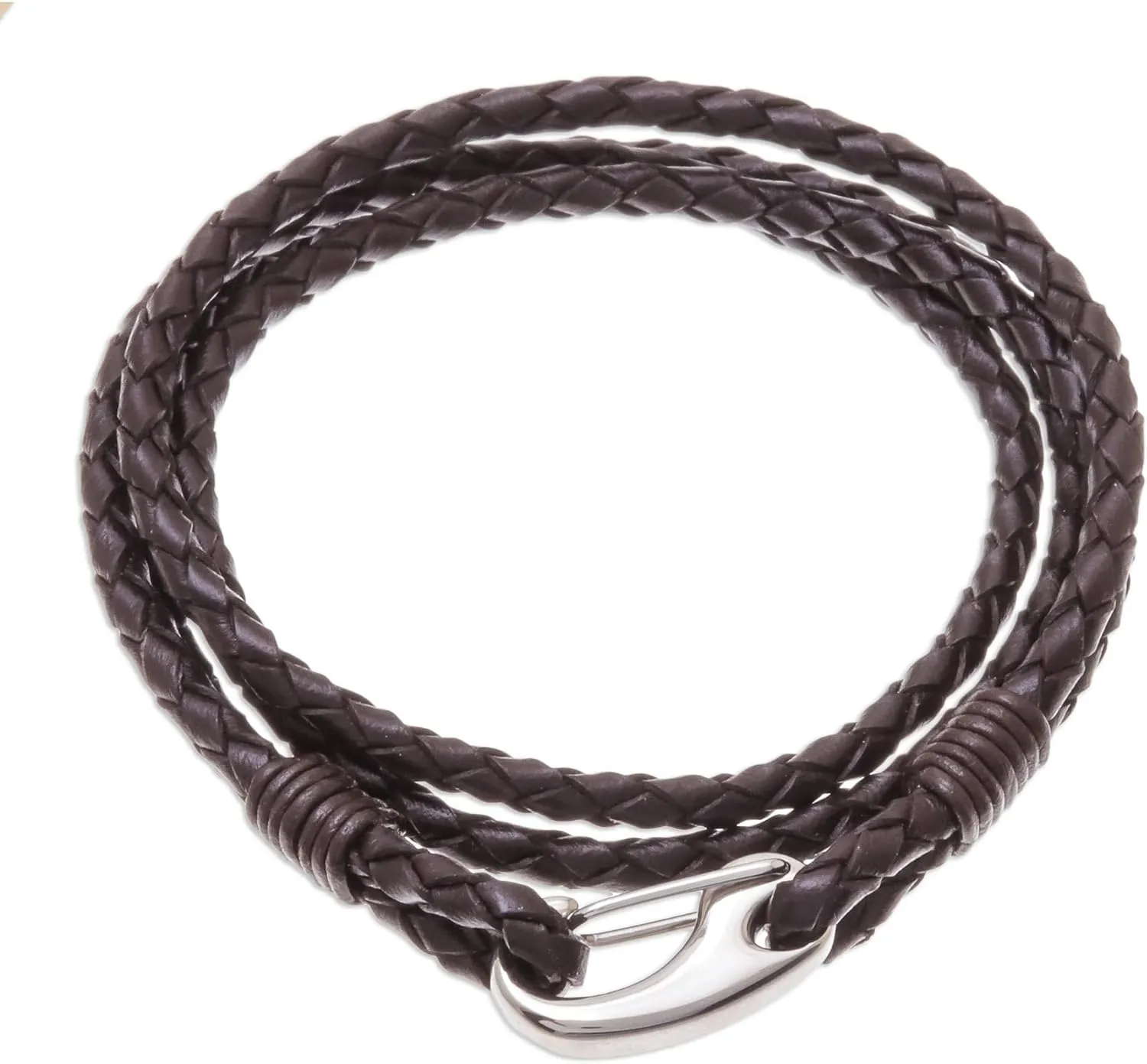 NOVICA Handmade Leather Wrap Bracelet Brown Braided from Thailand Stainless Steel No Stone Cord [14.5 in L 6 mm W] 'Braided Friendship in Coffee'