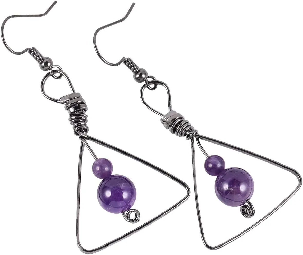 Nupuyai Healing Crystal Beads Earrings for Women, Wire Wrapped Triangle Earrings Stone Jewelry for Ladies
