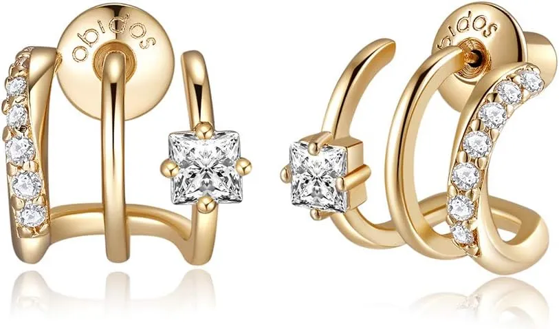 Obidos 14K Gold Plated Triple Huggie Illusion Stud Earrings | Double Huggie Hoop Earrings for One Hole | Gold Hoop Earrings for Women | Drop earrings