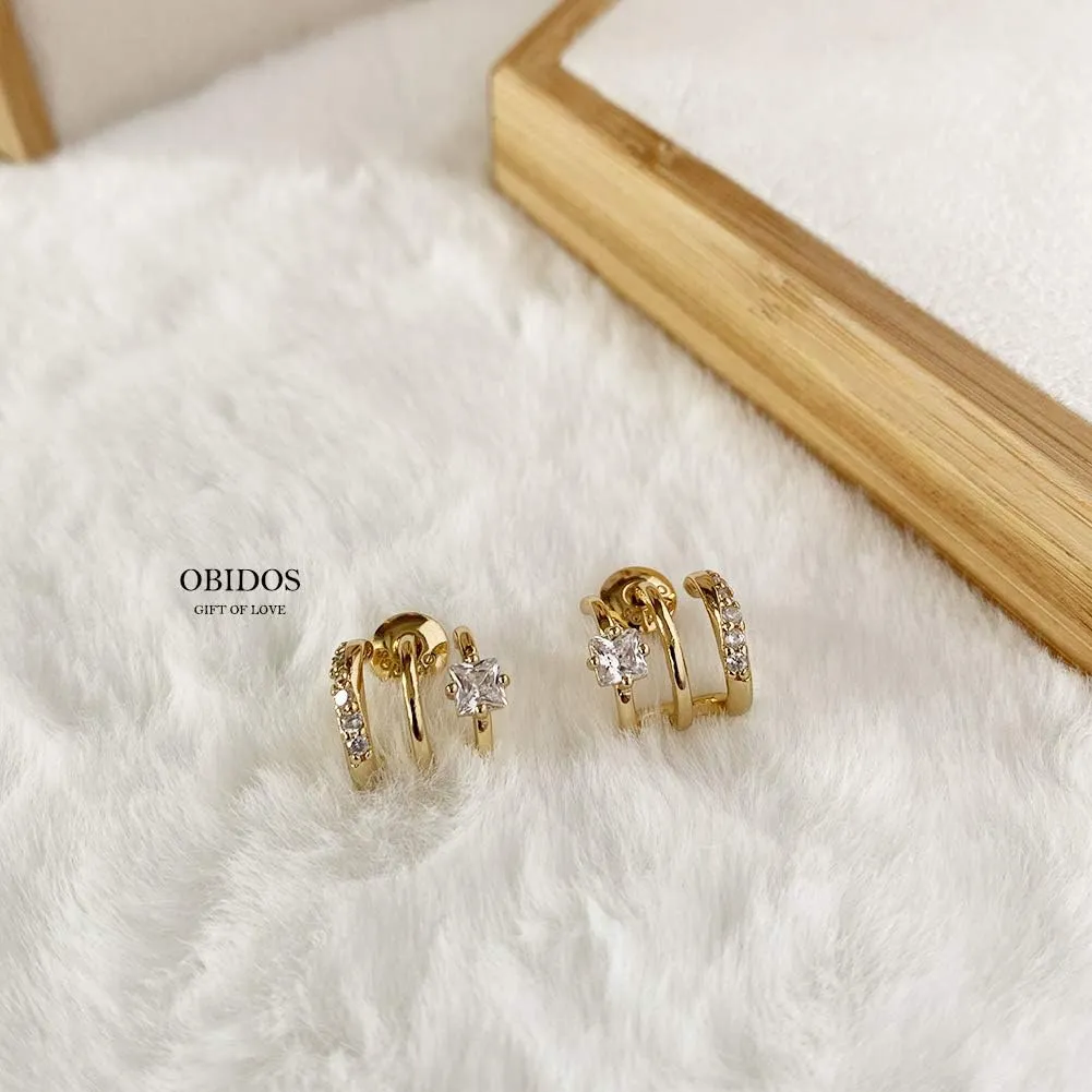 Obidos 14K Gold Plated Triple Huggie Illusion Stud Earrings | Double Huggie Hoop Earrings for One Hole | Gold Hoop Earrings for Women | Drop earrings