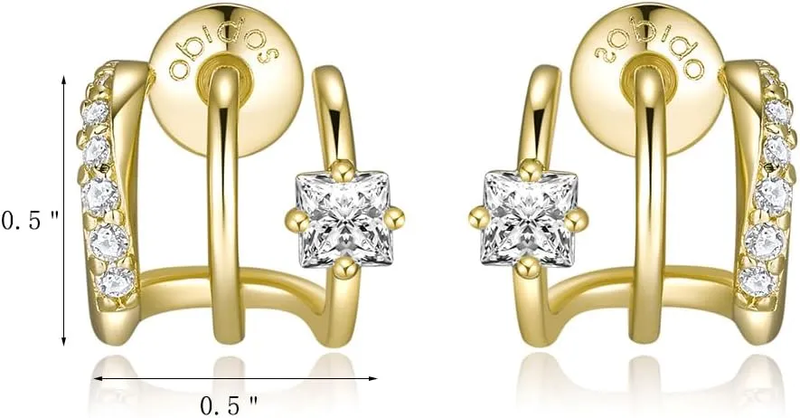 Obidos 14K Gold Plated Triple Huggie Illusion Stud Earrings | Double Huggie Hoop Earrings for One Hole | Gold Hoop Earrings for Women | Drop earrings