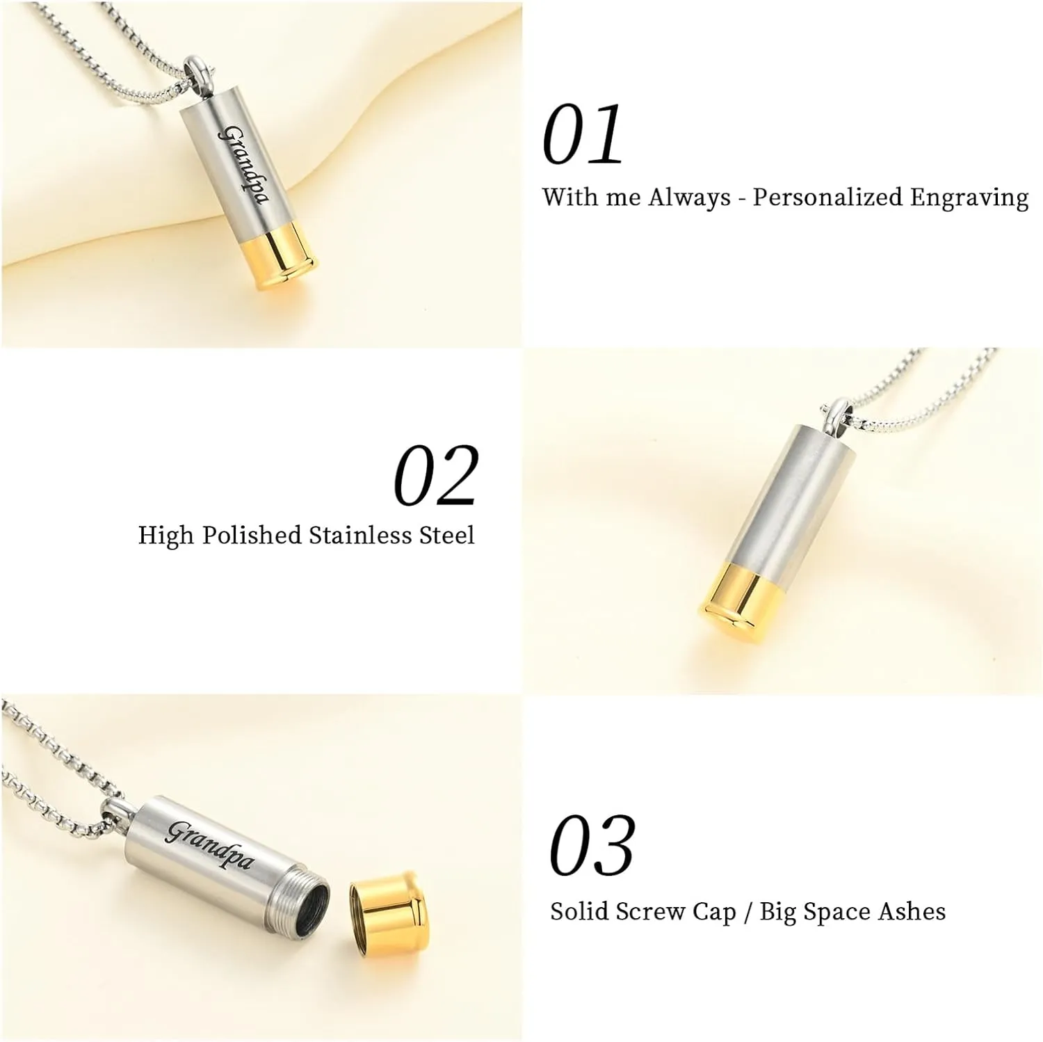Oinsi Shotgun Shell Cremation Jewelry Urn Necklace For Ashes Of Loved Ones -Dad/Mom/Son/Grandma/Grandpa Cylinder Memorial Locket Pendant Necklace