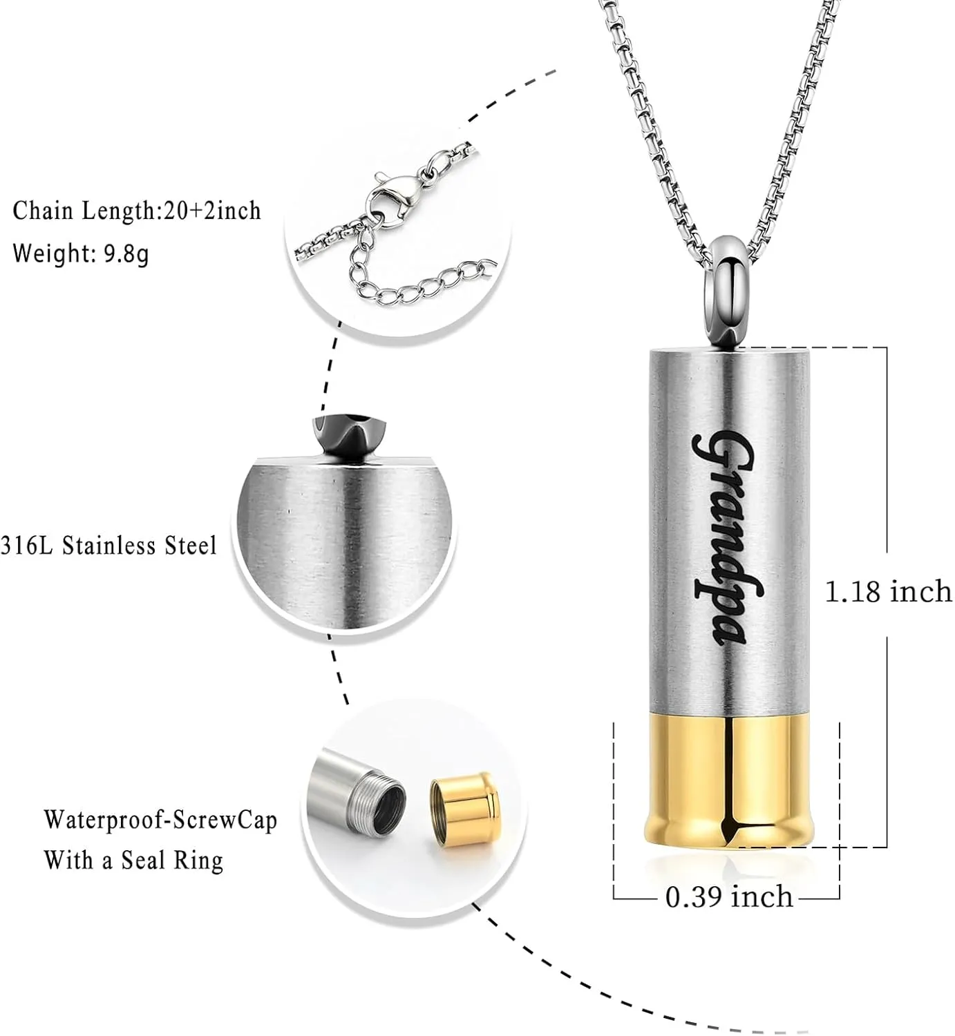 Oinsi Shotgun Shell Cremation Jewelry Urn Necklace For Ashes Of Loved Ones -Dad/Mom/Son/Grandma/Grandpa Cylinder Memorial Locket Pendant Necklace