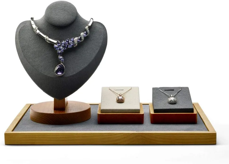 Oirlv Wood Single Necklace Pendant Chain Jewelry Display Stand Jewelry Showcase Display Holder Microfiber Surface(Grey)
