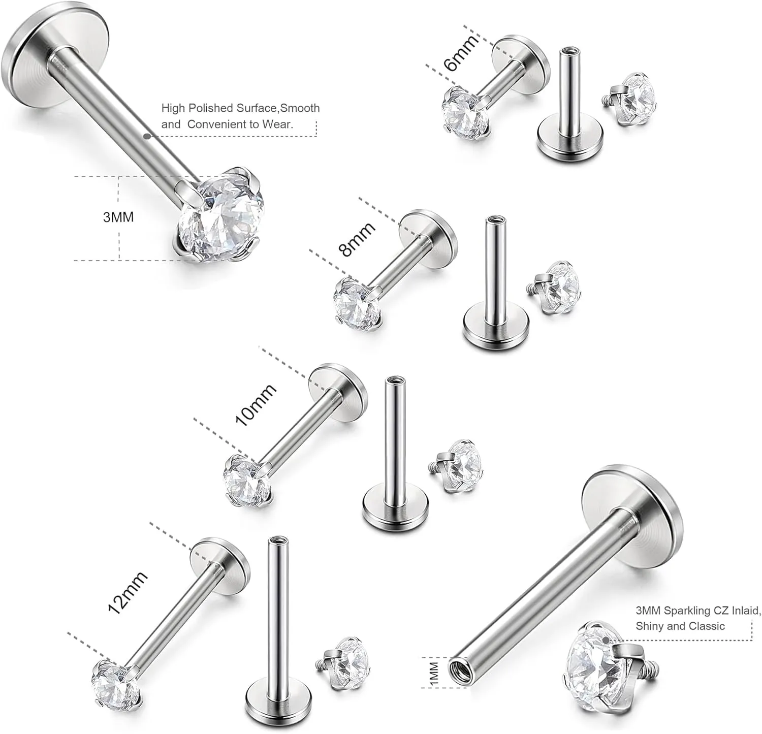 ORAZIO 4-8 PCS 18G Nose Studs for Women Men 316L Stainless Steel Hypoallergenic Earring Studs Nose Piercing Jewelry, CZ Inlaid Helix, Lip & Tragus Piercing, Stylish Body Adornments