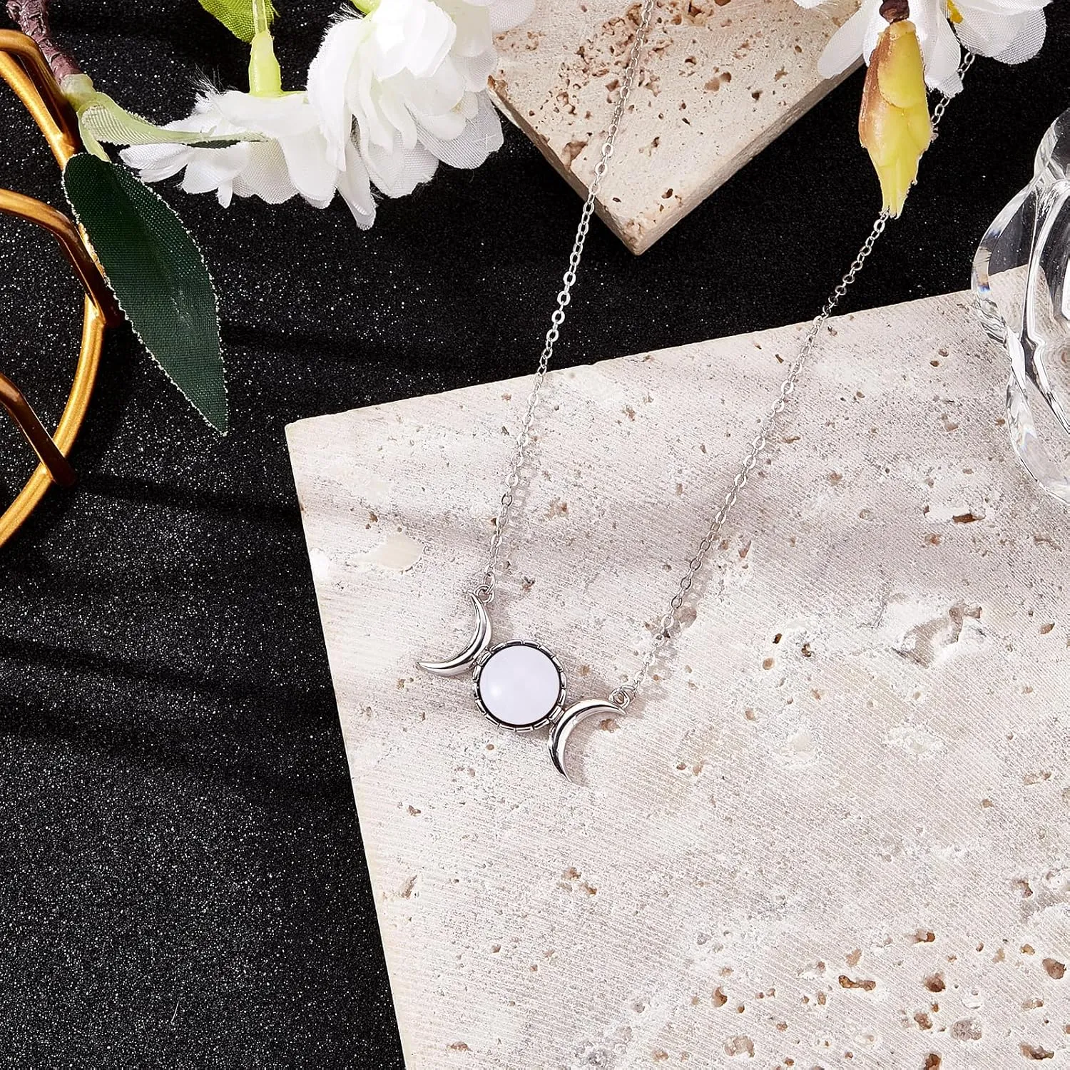 Ornaland Triple Moon Goddess Necklace Natural Crystal Gemstone Symbol Pendant Necklace Sterling Silver Moon Phase Necklace Jewelry Gift for Women