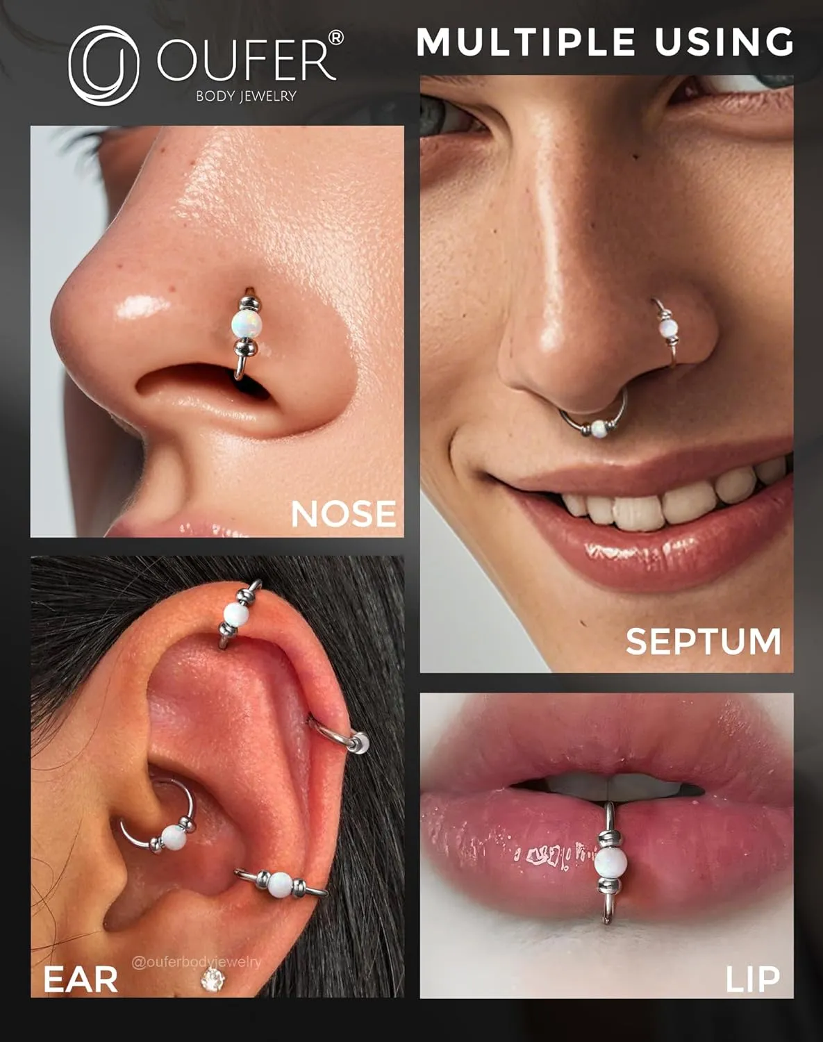 OUFER 20G/18G Nose Rings Hoop, Opal Nose Rings For Women, 316L Surgical Steel Nose Piercing Jewelry, Clicker Septum Rings, Nose Hoops, Cartilage Helix Piercing Jewelry-8mm 10mm