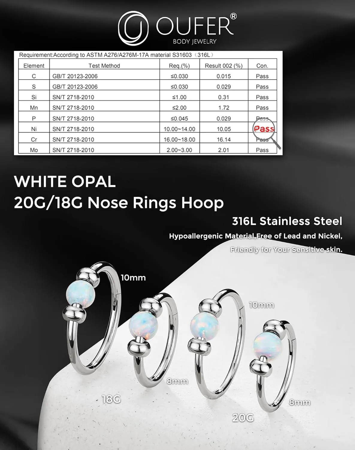 OUFER 20G/18G Nose Rings Hoop, Opal Nose Rings For Women, 316L Surgical Steel Nose Piercing Jewelry, Clicker Septum Rings, Nose Hoops, Cartilage Helix Piercing Jewelry-8mm 10mm