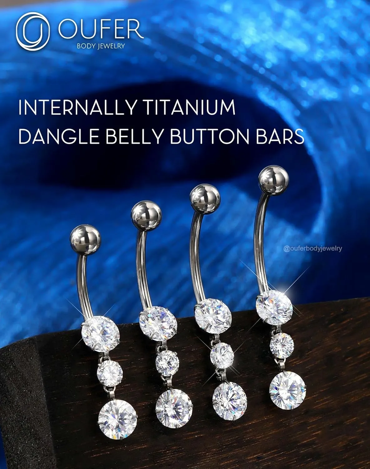 OUFER Titanium Belly Button Rings, Dangle Belly Rings for Women, Internally Threaded Belly Button Piercings, Long Dangle Navel Piercing Jewelry, Clear CZ Navel Rings Barbells-10/12/14/16mm