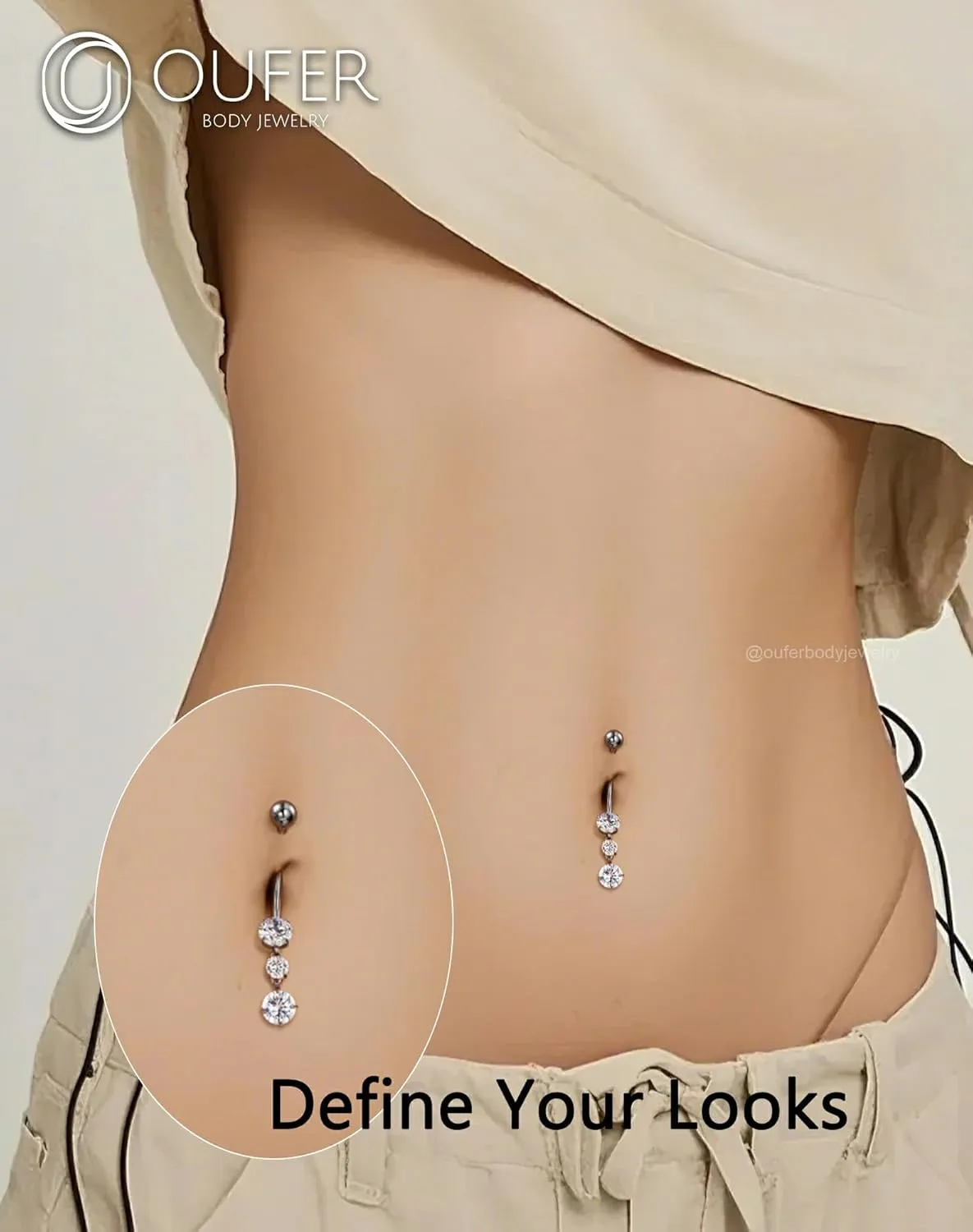 OUFER Titanium Belly Button Rings, Dangle Belly Rings for Women, Internally Threaded Belly Button Piercings, Long Dangle Navel Piercing Jewelry, Clear CZ Navel Rings Barbells-10/12/14/16mm