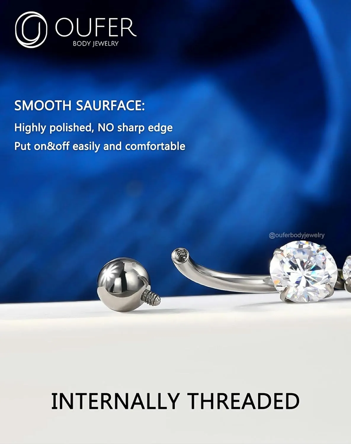 OUFER Titanium Belly Button Rings, Dangle Belly Rings for Women, Internally Threaded Belly Button Piercings, Long Dangle Navel Piercing Jewelry, Clear CZ Navel Rings Barbells-10/12/14/16mm
