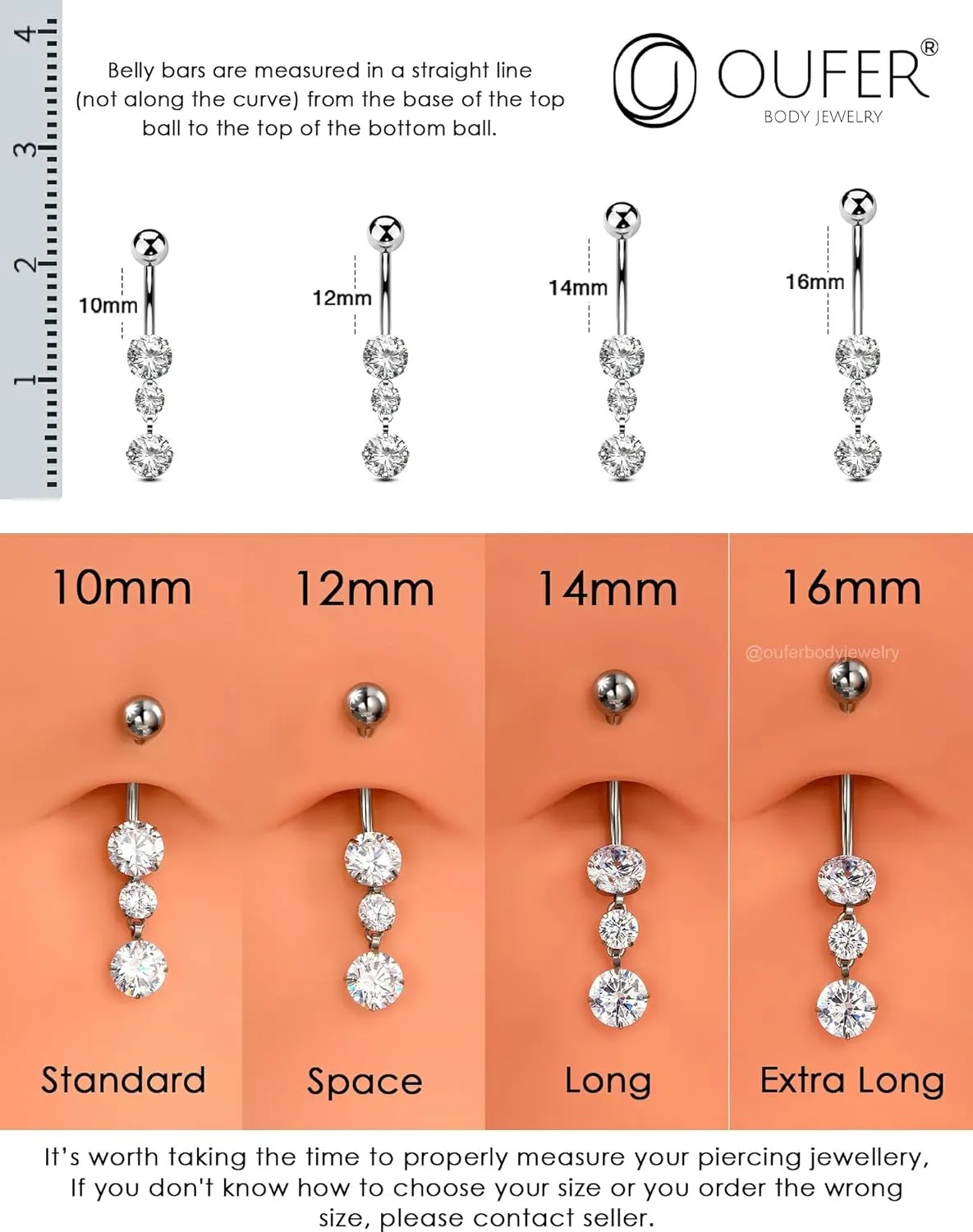 OUFER Titanium Belly Button Rings, Dangle Belly Rings for Women, Internally Threaded Belly Button Piercings, Long Dangle Navel Piercing Jewelry, Clear CZ Navel Rings Barbells-10/12/14/16mm