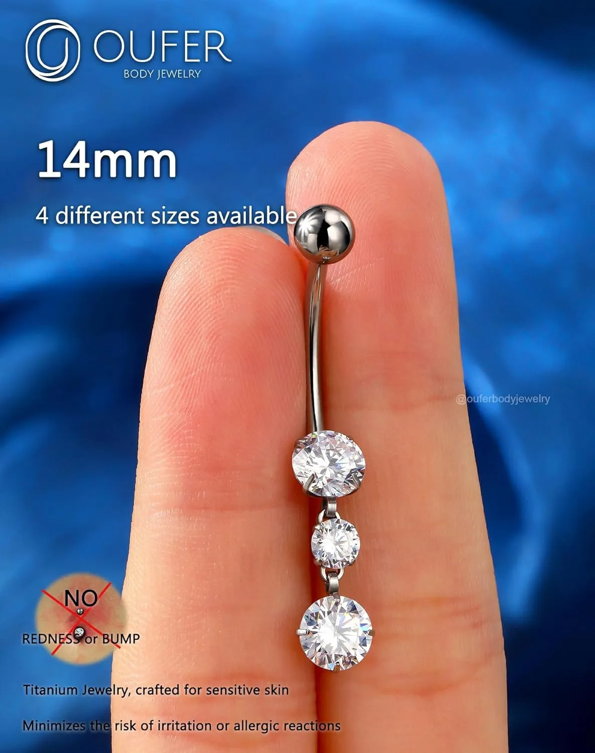 OUFER Titanium Belly Button Rings, Dangle Belly Rings for Women, Internally Threaded Belly Button Piercings, Long Dangle Navel Piercing Jewelry, Clear CZ Navel Rings Barbells-10/12/14/16mm