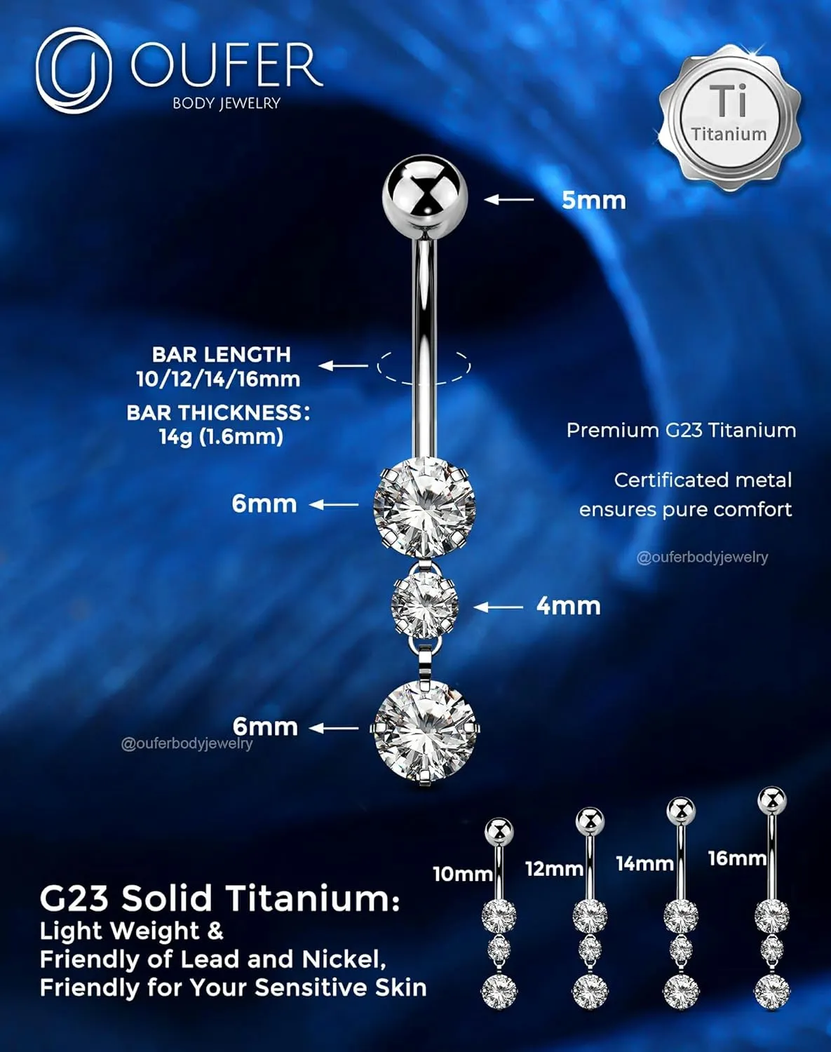 OUFER Titanium Belly Button Rings, Dangle Belly Rings for Women, Internally Threaded Belly Button Piercings, Long Dangle Navel Piercing Jewelry, Clear CZ Navel Rings Barbells-10/12/14/16mm