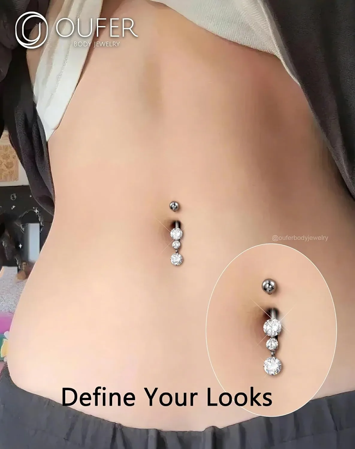 OUFER Titanium Belly Button Rings, Dangle Belly Rings for Women, Internally Threaded Belly Button Piercings, Long Dangle Navel Piercing Jewelry, Clear CZ Navel Rings Barbells-10/12/14/16mm