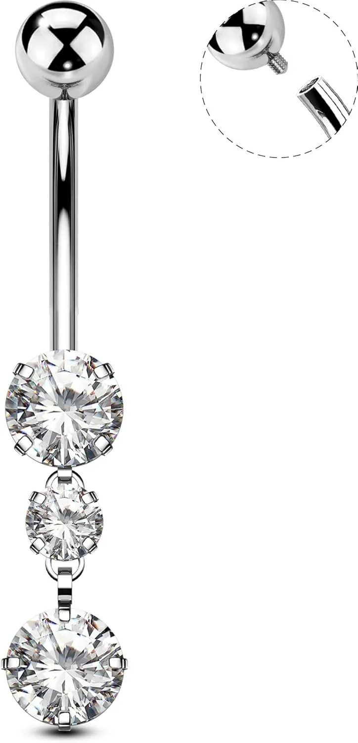 OUFER Titanium Belly Button Rings, Dangle Belly Rings for Women, Internally Threaded Belly Button Piercings, Long Dangle Navel Piercing Jewelry, Clear CZ Navel Rings Barbells-10/12/14/16mm