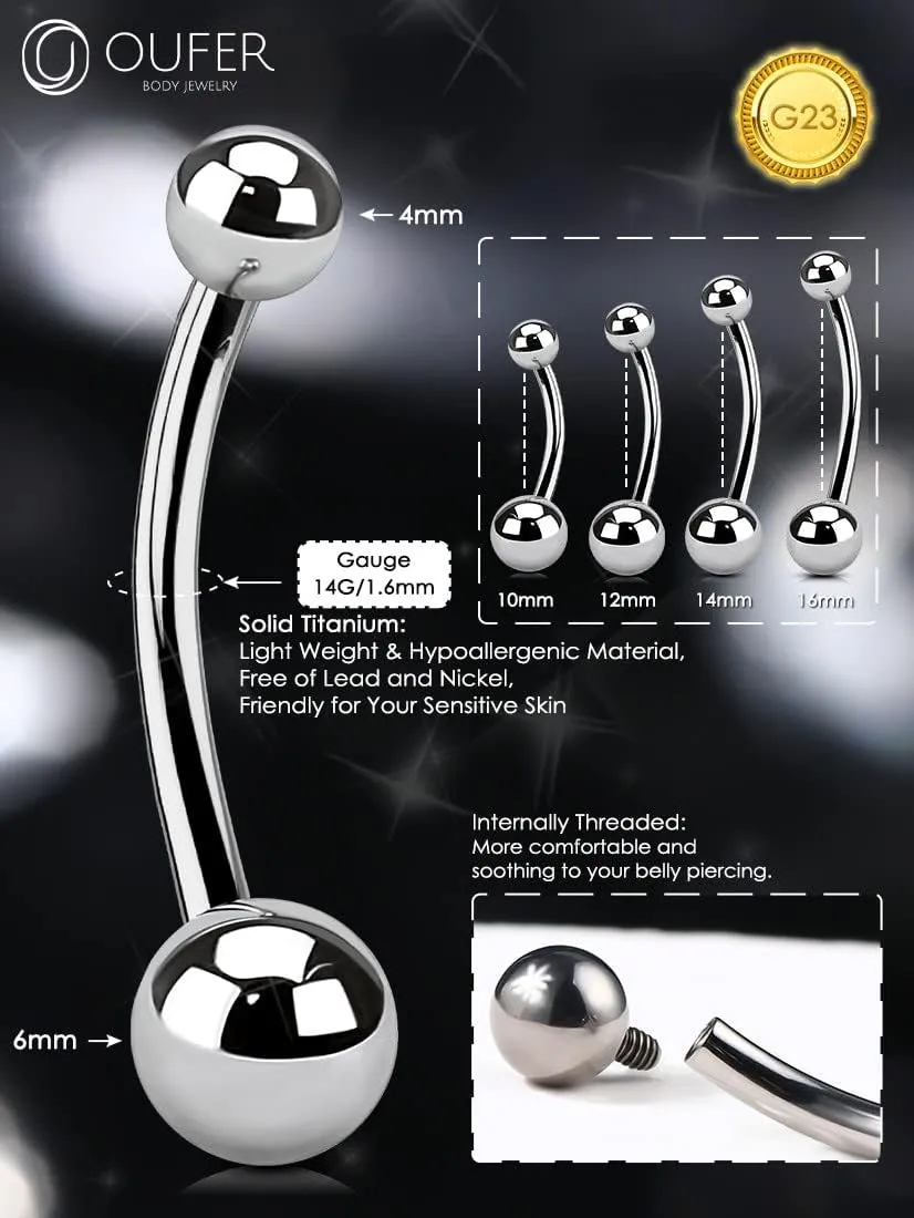 OUFER Titanium Belly Button Rings, Gold Belly Rings, Internally Threaded Navel Piercing Jewelry, Long Belly Piercing Jewelry, Curved Barbell, Belly Rings For Women Men