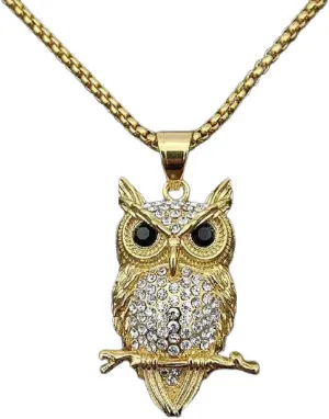Owl Pendant, Gold Owl Bird Necklace for Men, Norse Viking Owl Tree Branch Necklace Owl Jewelry, Hip Hop Owl Charm Necklace Stainless Steel Punk Owl Animal Pendant Necklace for men