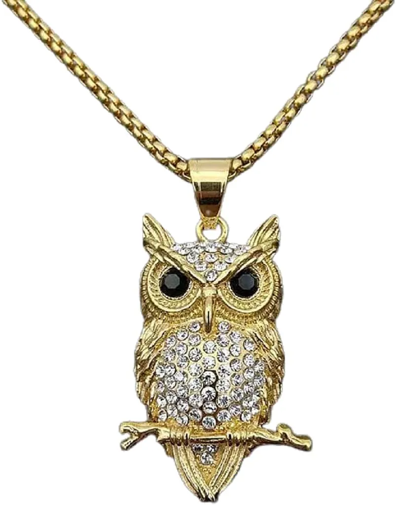 Owl Pendant, Gold Owl Bird Necklace for Men, Norse Viking Owl Tree Branch Necklace Owl Jewelry, Hip Hop Owl Charm Necklace Stainless Steel Punk Owl Animal Pendant Necklace for men