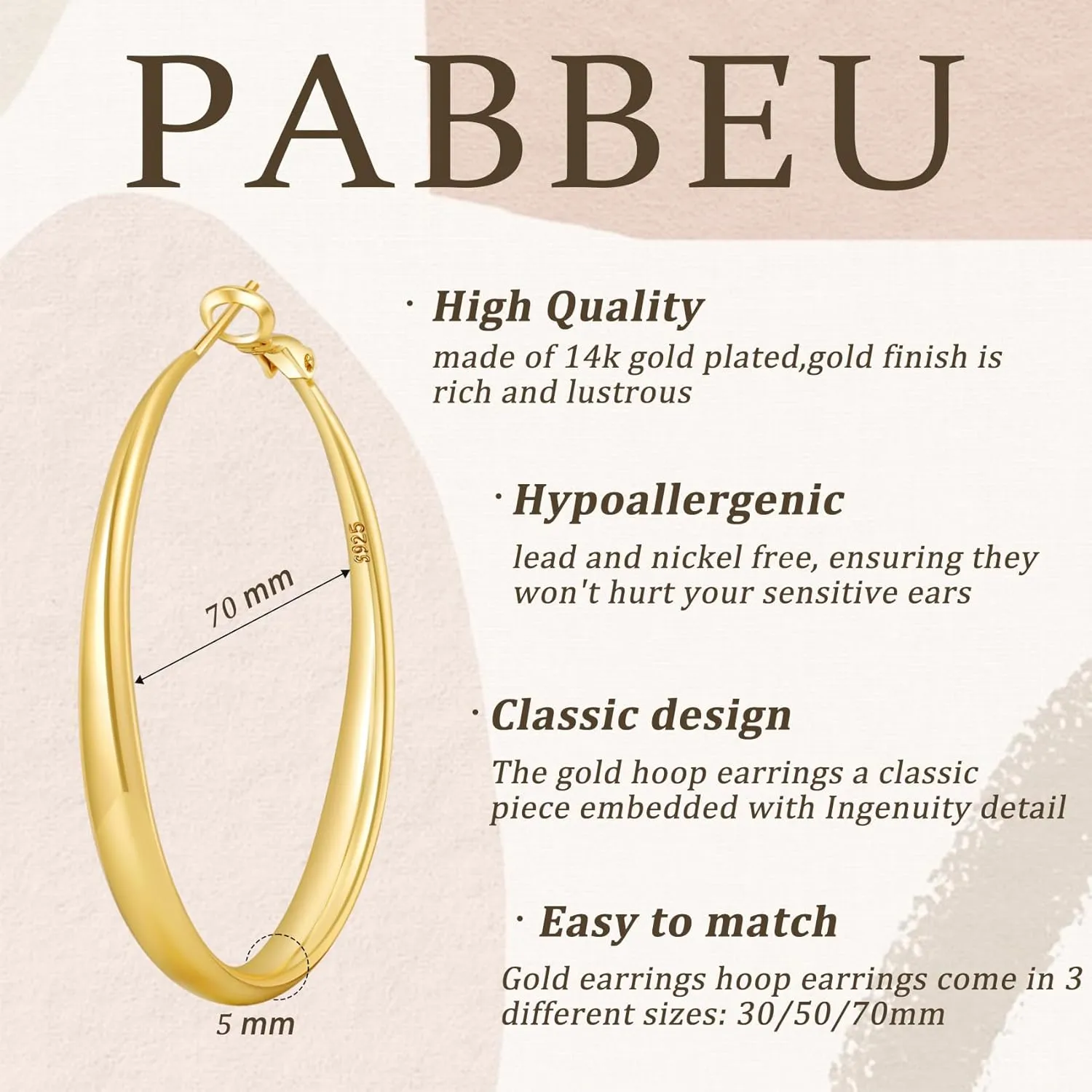PABBEU S925 SterlingSilver Hoop Earrings Hypoallergenic Silver Hoop Earrings for Women Lightweight Large Sterling Silver Hoops Earring 30/50/70mm