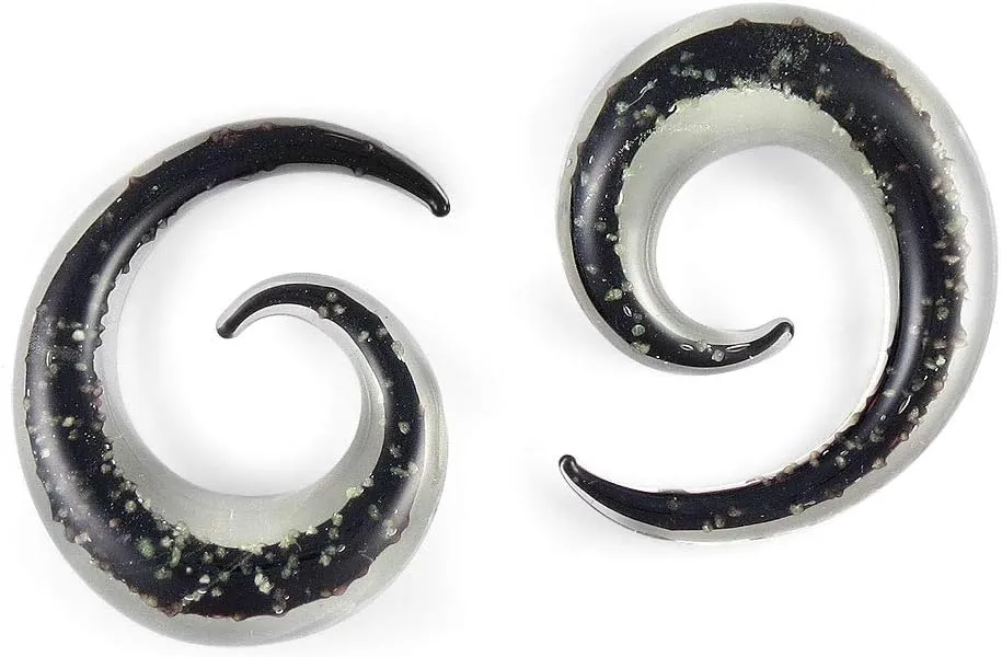 Pair Glow in The Dark Black Pyrex Glass Spiral 6g 6 Gauge 4mm