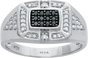 Palm Beach Jewelry Men's .2 TCW Platinum Over Sterling Silver Black and White Diamond Square Ring