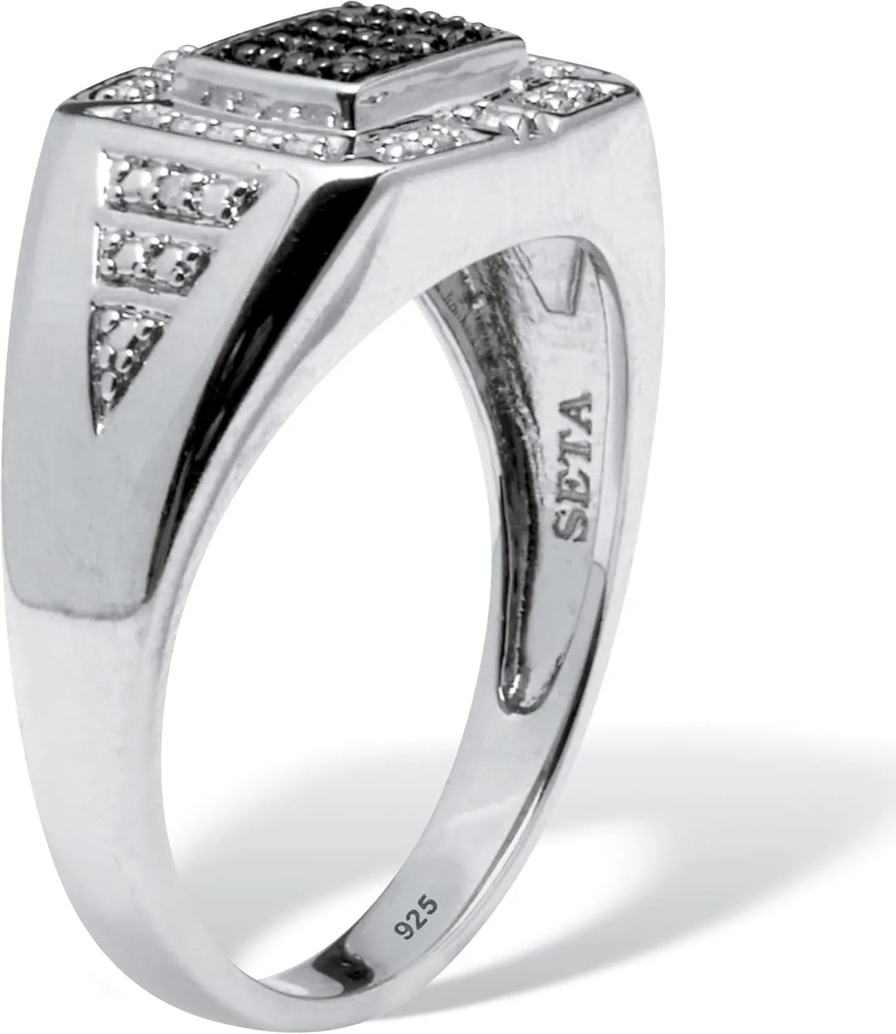 Palm Beach Jewelry Men's .2 TCW Platinum Over Sterling Silver Black and White Diamond Square Ring