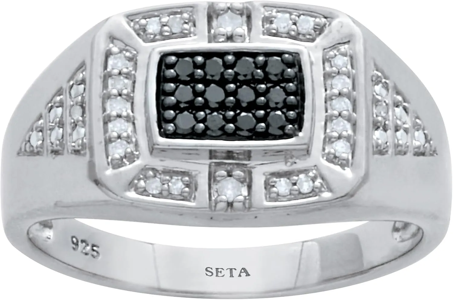 Palm Beach Jewelry Men's .2 TCW Platinum Over Sterling Silver Black and White Diamond Square Ring