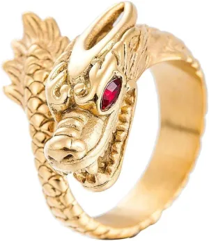 PAMTIER Men's Stainless Steel Red Eyes Dragon Punk Biker Ring