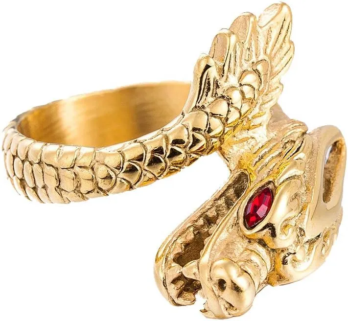 PAMTIER Men's Stainless Steel Red Eyes Dragon Punk Biker Ring